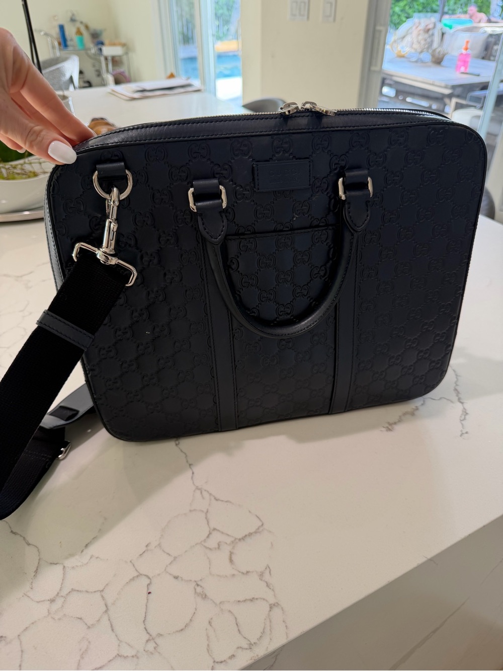 Gucci Black Embossed Signature Laptop Briefcase with Detachable Strap